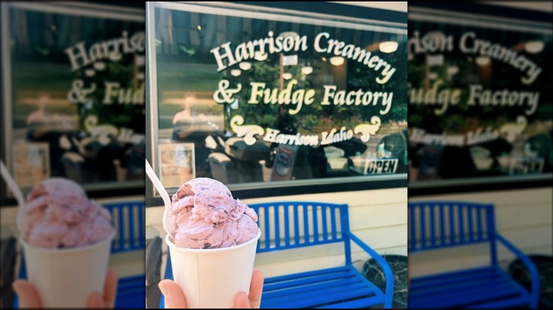 Hand holding tub of huckleberry ice cream outside creamery storefront