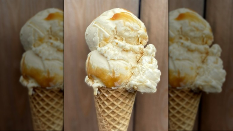 Cone filled with salted caramel ice cream