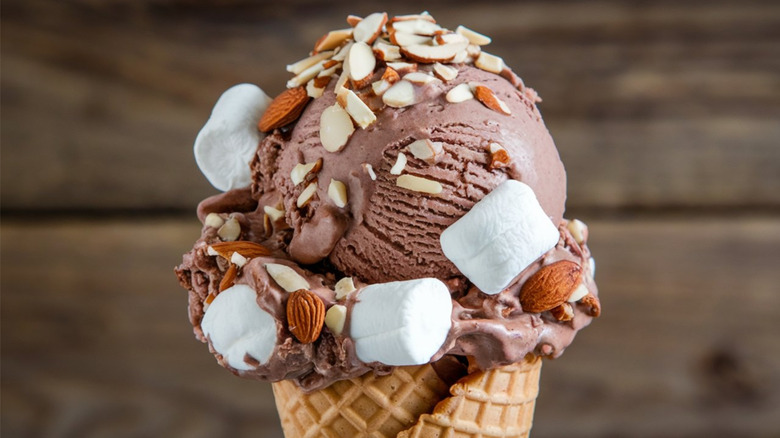Close up of rocky road ice cream cone