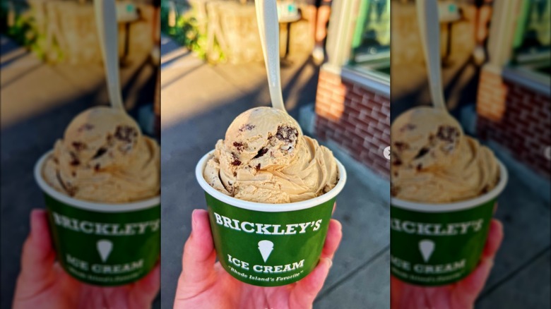 Hand holding tub of Brickley's coffee oreo ice cream