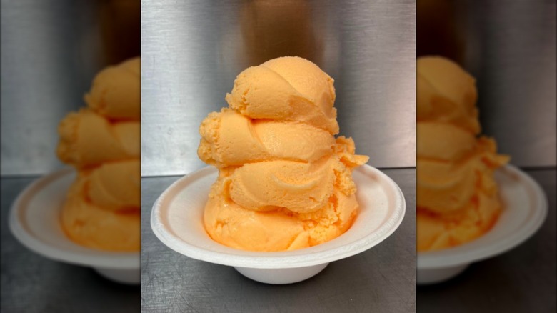 Bowl filled with orange sherbet ice cream