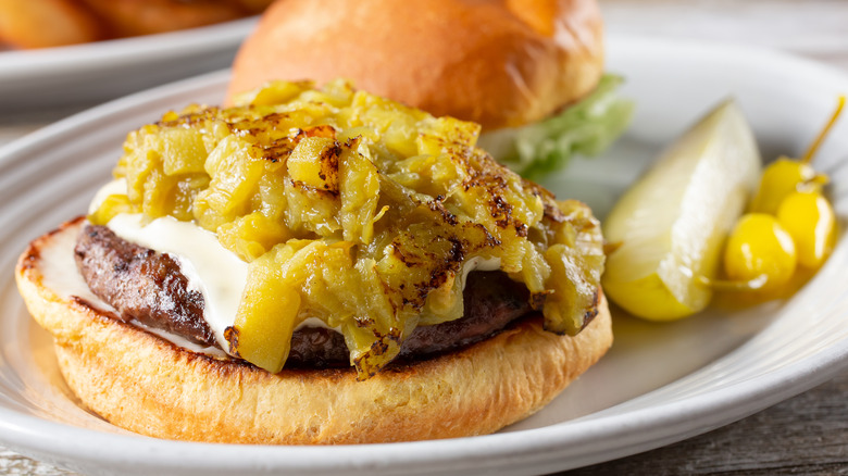 Green chile cheeseburger on a plate