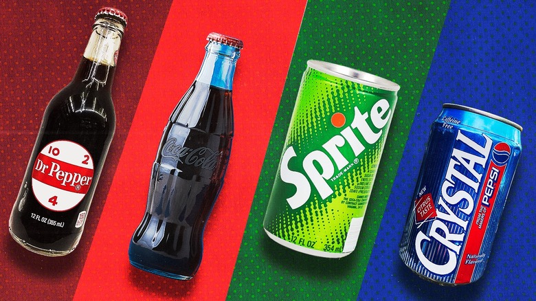 Four soda cans and bottles against a colorful striped background