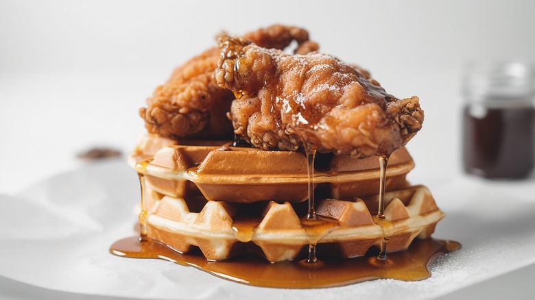 displayed serving of chicken and waffles