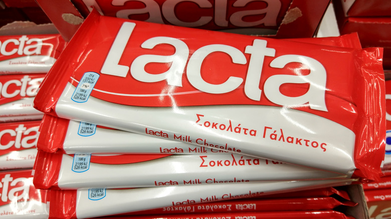 Lacta chocolate bars piled in a supermarket