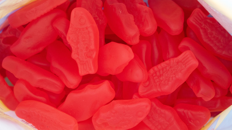 closeup of red swedish fish candy