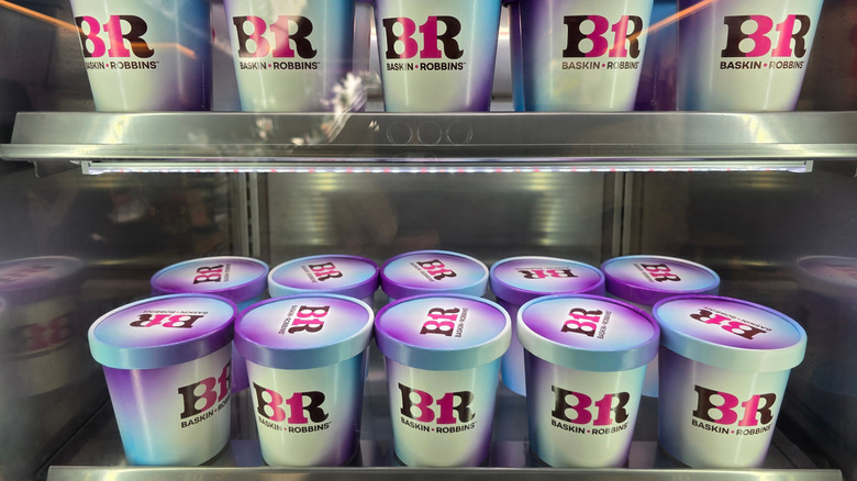 Baskin-Robbins pints sit in a freezer