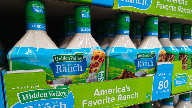Bottles of Hidden Valley Ranch on store shelf.