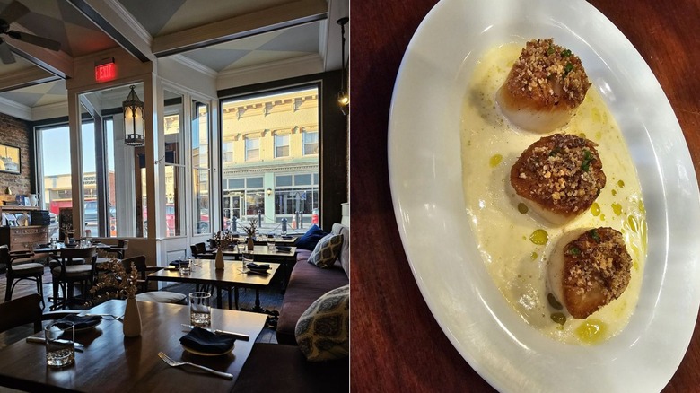 Brood Restaurant date night spot interior and scallops on the right