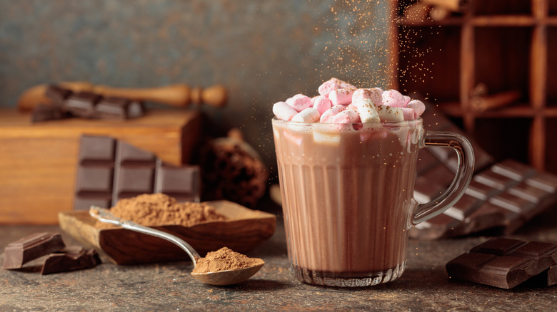 hot chocolate powder next to drink with marshmalllows