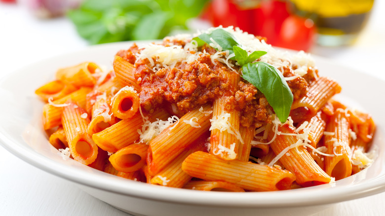 penne bolognese in a bowl