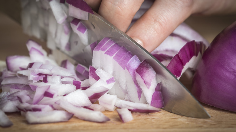 Hands chopping red onion on cutting board