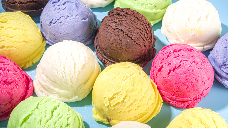 scoops of various ice cream flavors