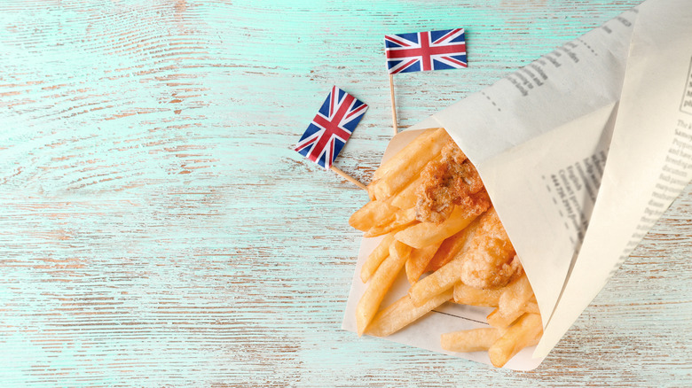 Fish and chips with British flags