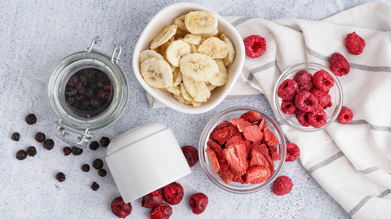Different freeze-dried fruits light background