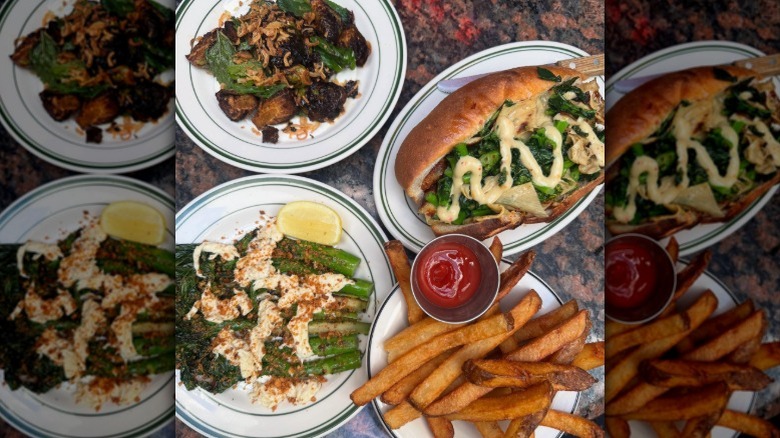 Sandwich, fries, and veggie sides from Superiority Burger in NYC.