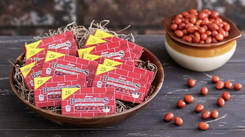 packages of Boston Baked Beans in bowl with candies