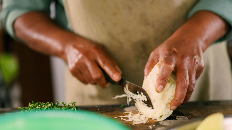 A person cuts cabbage with knife