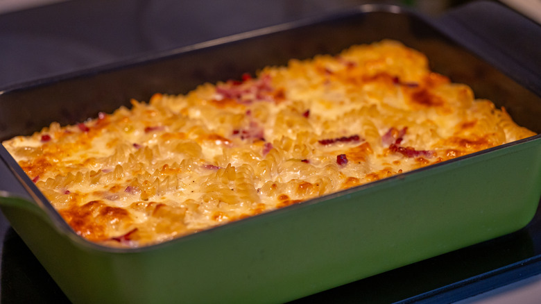 A baked macaroni pudding in a casserole dish
