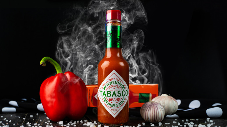 Bottle of Tabasco sauce with ingredients