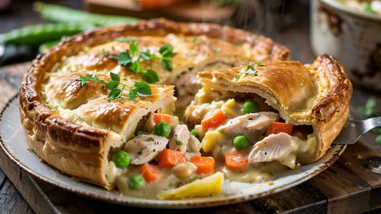 A circular chicken potpie is baked until the crust on top and on the sides is golden brown, served on a wooden cutting board, where it is sliced open to show the ingredients inside like green peas, carrots, chicken, and corn, in a creamy gravy