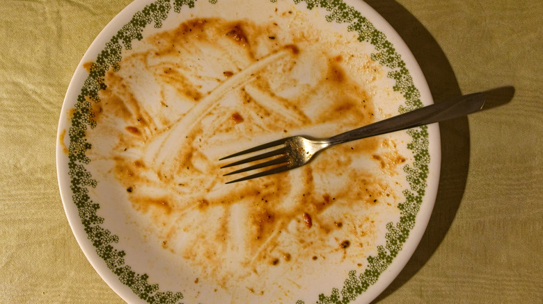 Finished plate of spaghetti with fork