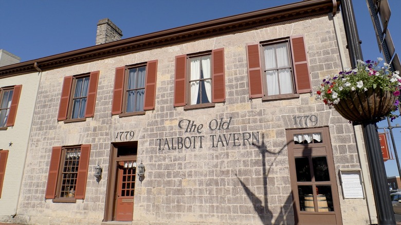 Outside The Old Talbott Tavern with a hanging flower basket