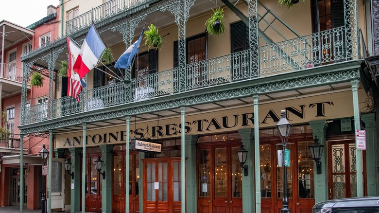 Outside Antoine's Restaurant featuring upstairs balconies