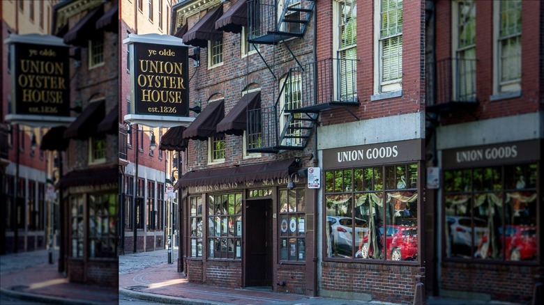Front of the brick Union Oyster House on the streets of Boston