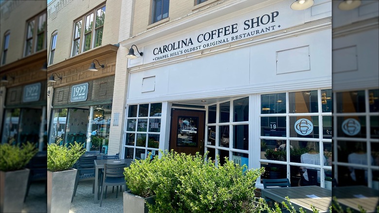 Front sidewalk patio view of the Carolina Coffee Shop