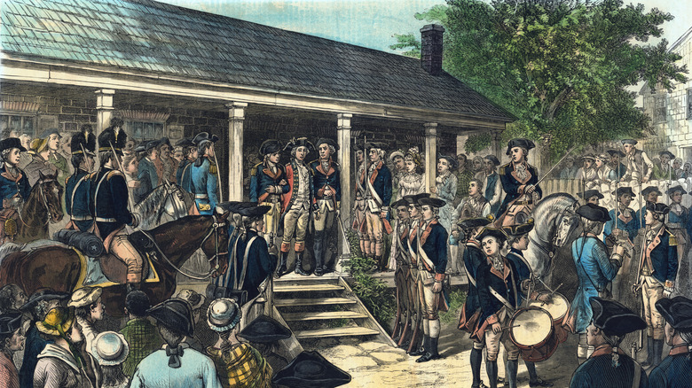 Painting of John André at '76 House standing with soliders