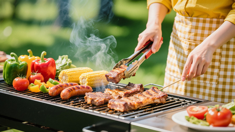 A person cooking steaks, sausages, and veggies on an outdoor grill