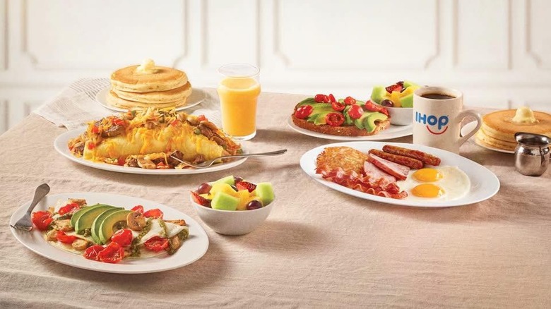 IHOP meals with omelet, pancakes, coffee and toast