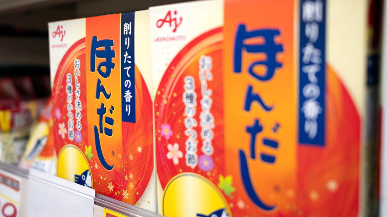 close up of hondashi packages in store