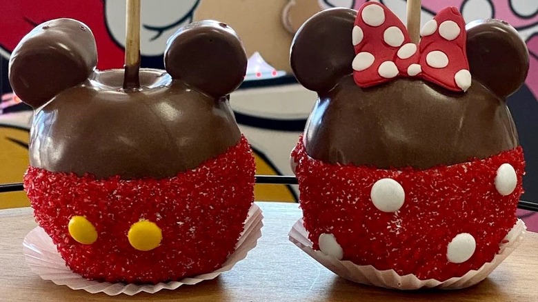 Disney candy apples shaped like minnie and mickey mouse