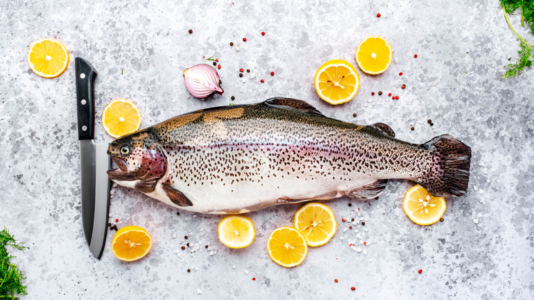 Whole rainbow trout with lemon slices, pepper, and knife