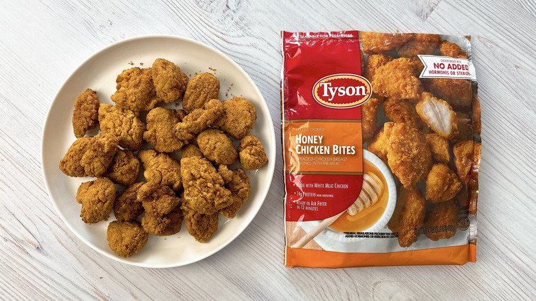 bag and plate of Tyson Honey Chicken Bites