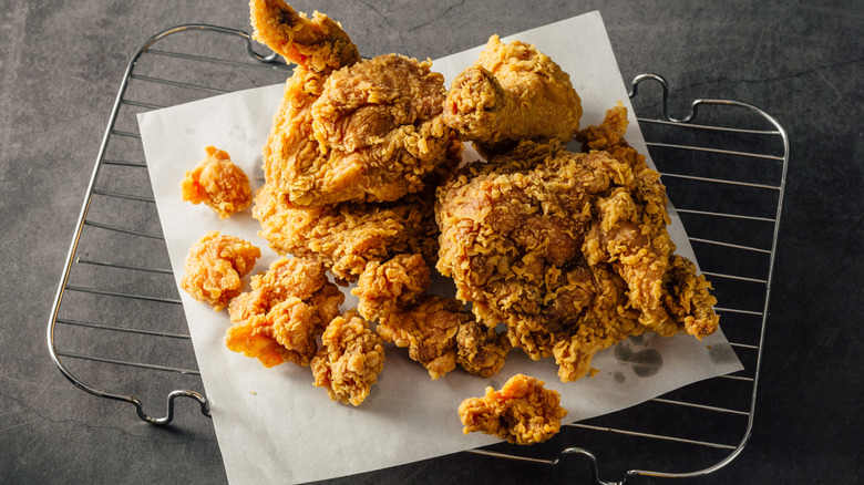 homemade fried chicken on wire rack