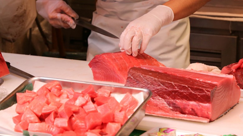 Fresh caught tuna being filleted