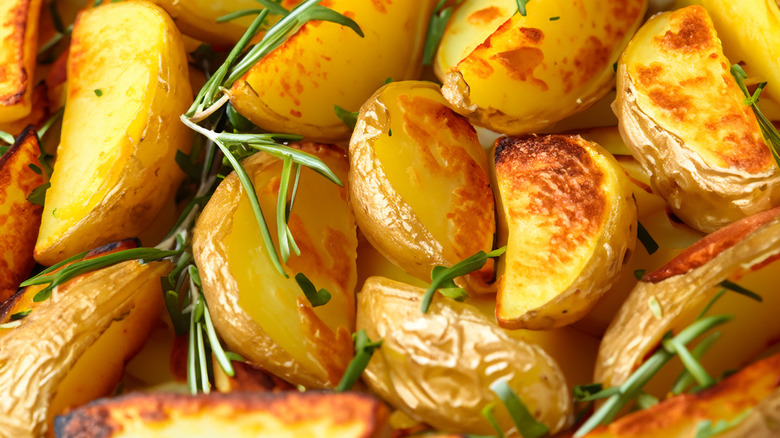close up of crispy fat-roasted potatoes
