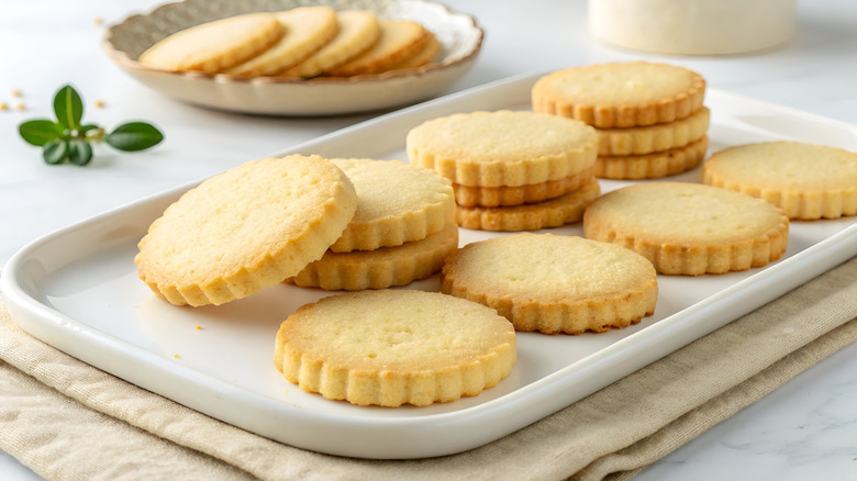 Baked shortbread cookies on a serving tray on top of a cloth next to a plate of cookies