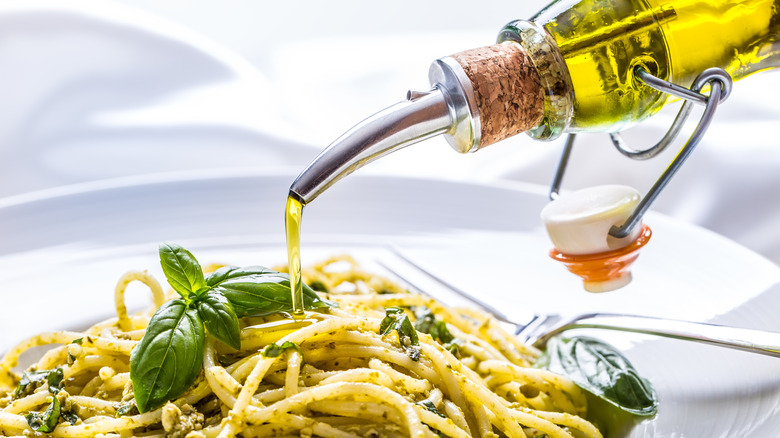 Pesto pasta with basil and olive oil