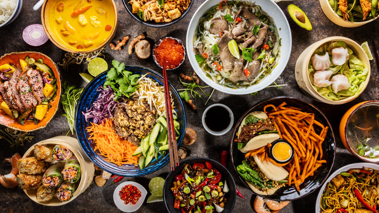 Top view of plated dishes at a Thai restaurant