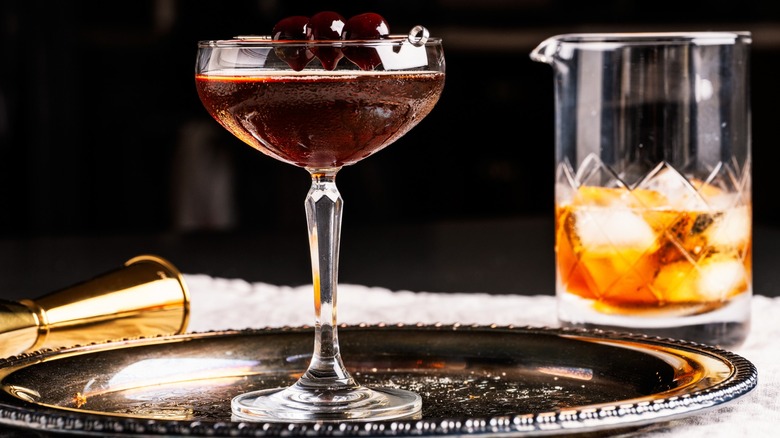 A Manhattan cocktail served on a silver platter