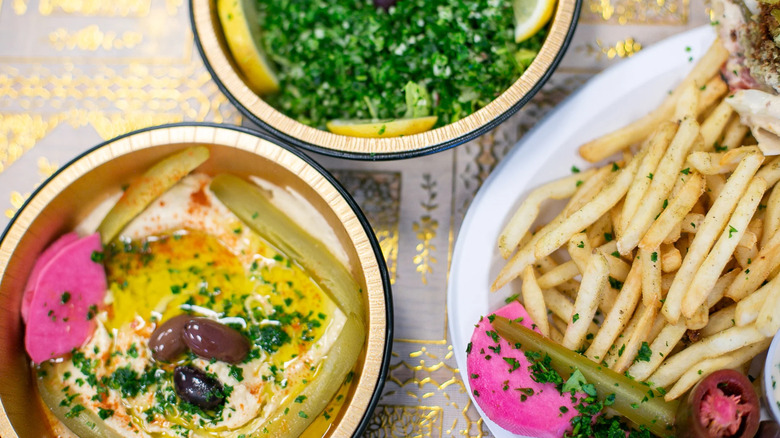 hummus and fries and tabouleh