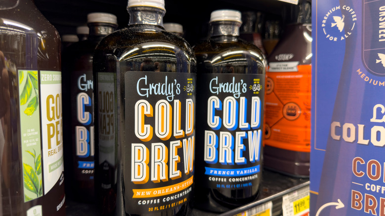 bottles of Grady's Cold Brew concentrate on grocery shelf