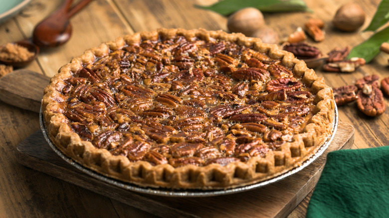 Pecan pie on wooden surface