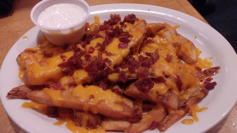 Plate of cheese fries with bacon bits from Texas Roadhouse