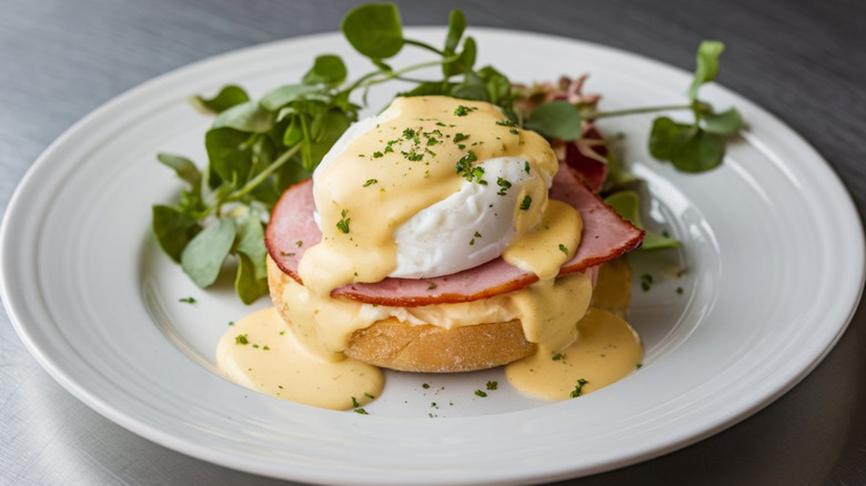 Closeup of eggs benedict on a plate