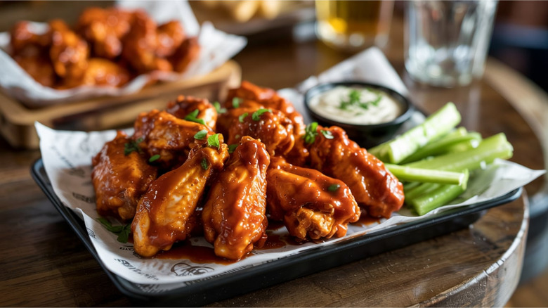 buffalo wings with dipping sauce and celery